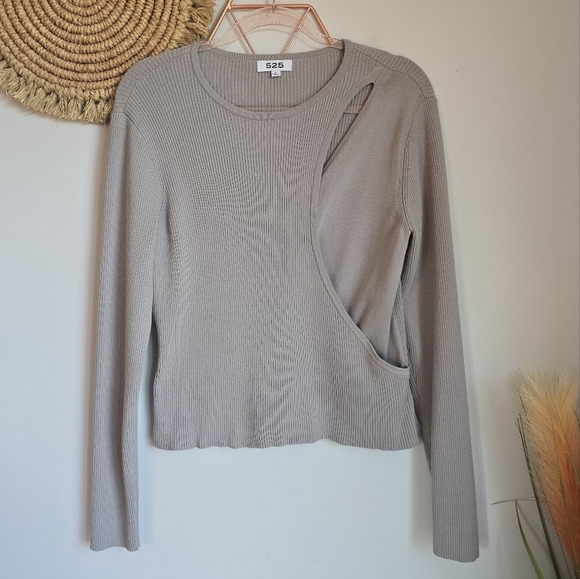 Revolve, 525 America Gray Layered Cut Out Ribbed Wrap Sweater Top, Size Large - Picture 8 of 11